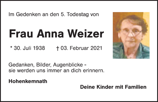 Traueranzeige von Anna Weizer von Gesamtausgabe