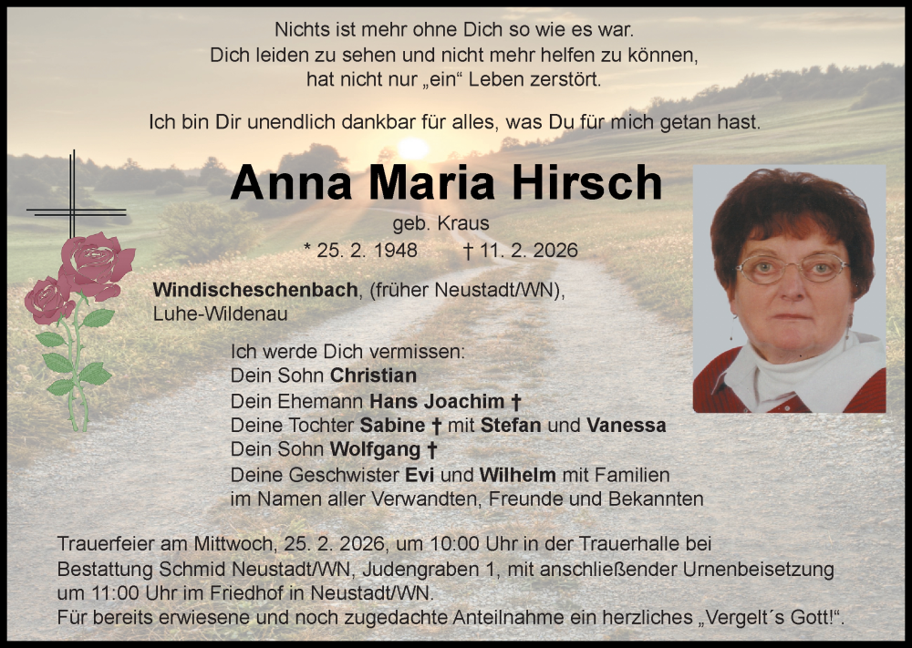  Traueranzeige für Anna Maria Hirsch vom 21.02.2026 aus Hauptausgabe Weiden