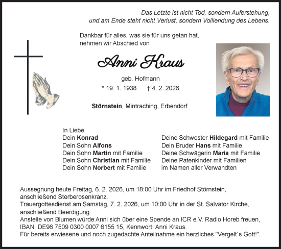 Traueranzeige von Anni Kraus von Hauptausgabe Weiden