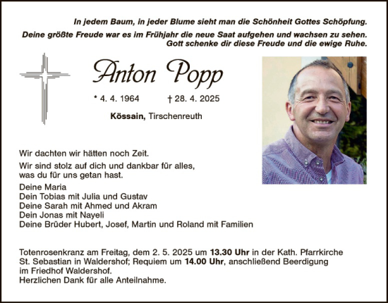 Traueranzeige von Anton Popp von Tirschenreuth + Eschenbach - Kemnath - Erbendorf