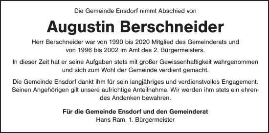 Traueranzeige von Augustin Berschneider von Hauptausgabe Amberg