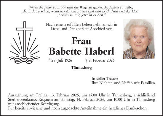Traueranzeige von Babette Haberl von Landkreis Schwandorf und Vohenstrauß