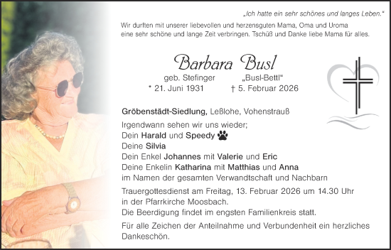 Traueranzeige von Barbara Busl von Landkreis Schwandorf und Vohenstrauß