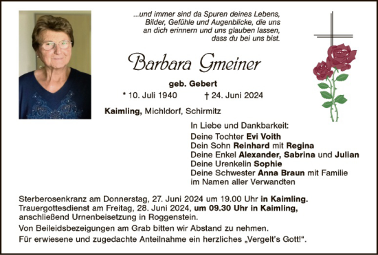 Traueranzeige von Barbara Gmeiner von Landkreis Schwandorf und Vohenstrauß