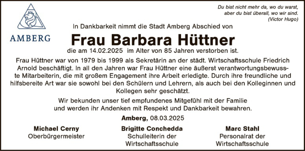  Traueranzeige für Barbara Hüttner vom 08.03.2025 aus Hauptausgabe Amberg