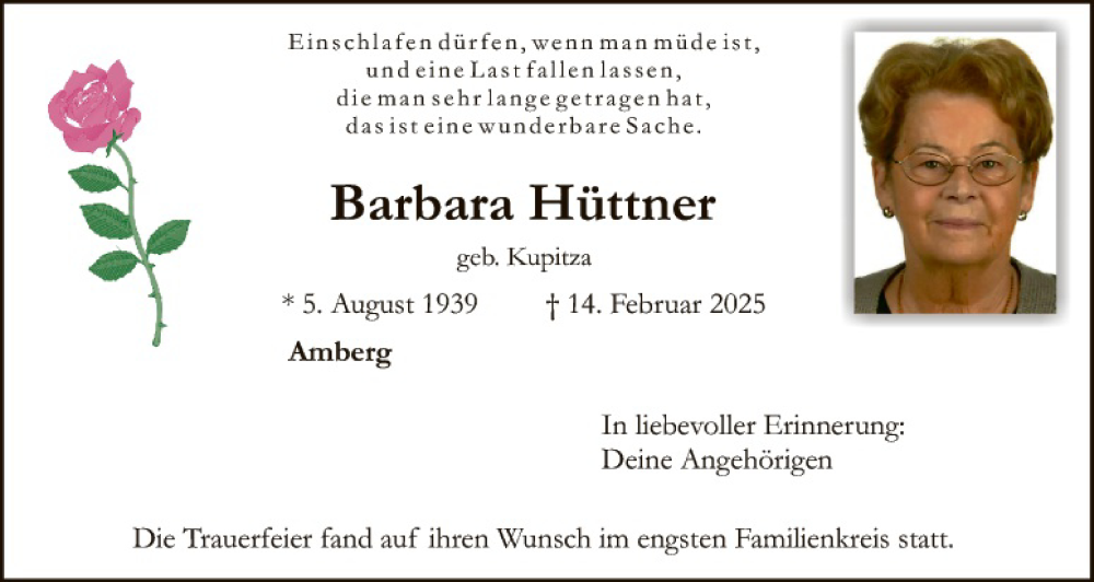  Traueranzeige für Barbara Hüttner vom 22.02.2025 aus Hauptausgabe Amberg