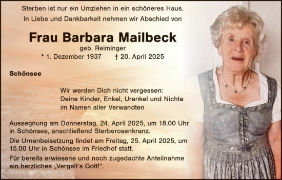 Traueranzeige von Barbara Mailbeck von Landkreis Schwandorf