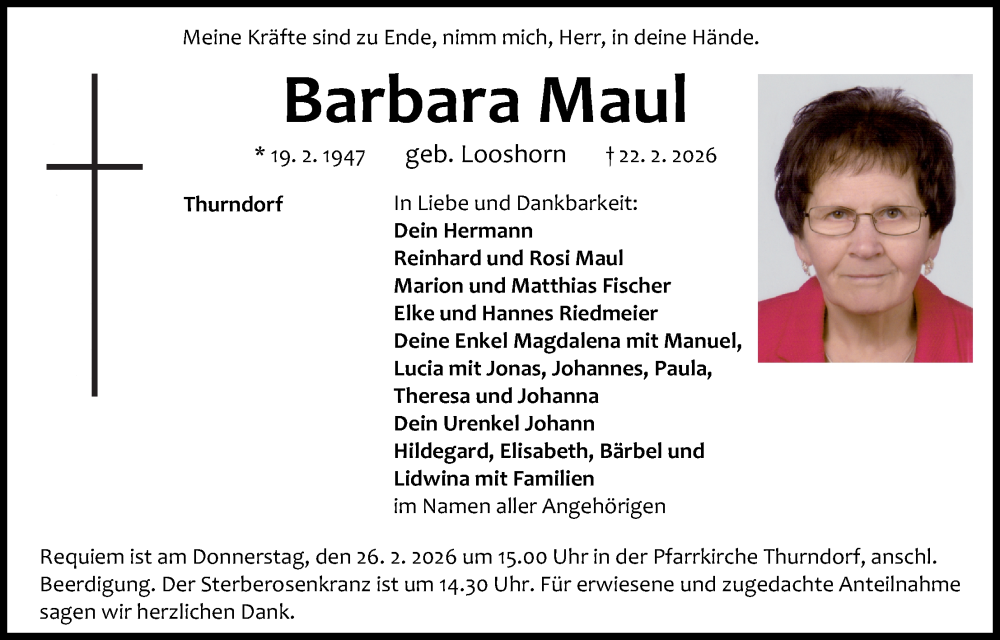  Traueranzeige für Barbara Maul vom 24.02.2026 aus Eschenbach - Kemnath - Erbendorf + Sulzbach - Rosenberger Zeitung