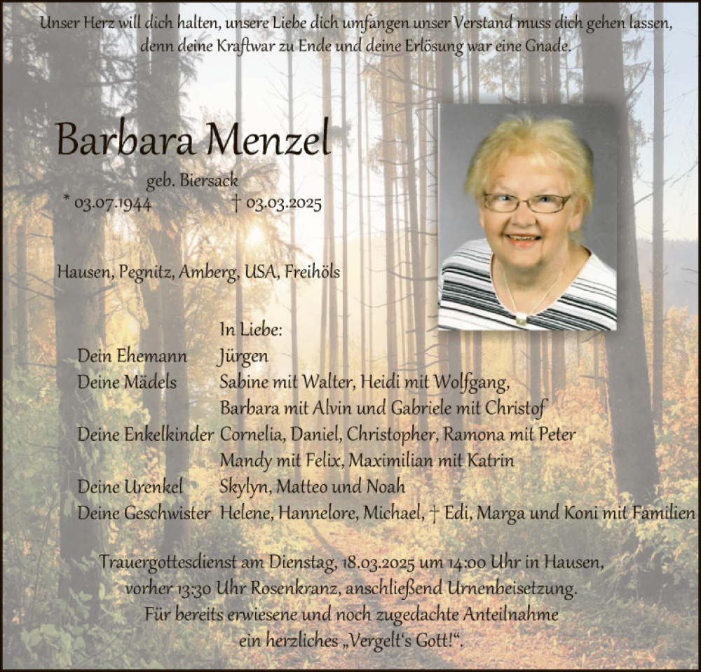  Traueranzeige für Barbara Menzel vom 14.03.2025 aus Hauptausgabe Amberg