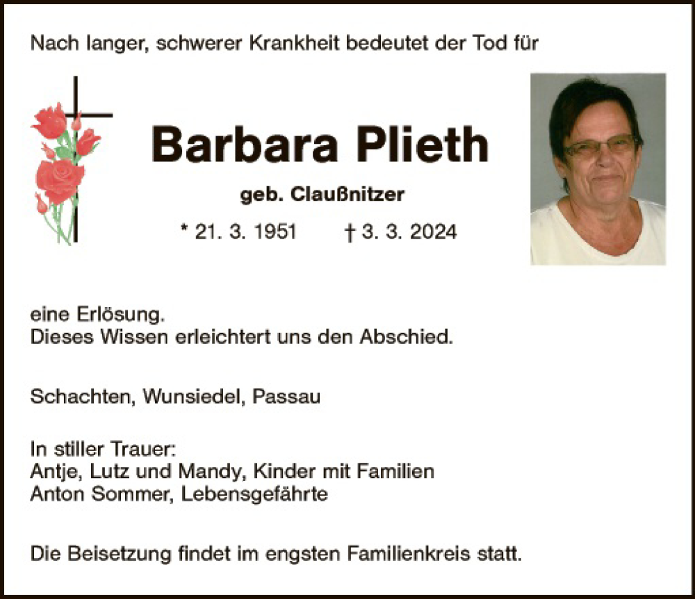  Traueranzeige für Barbara Plieth vom 05.03.2024 aus Tirschenreuth + Eschenbach - Kemnath - Erbendorf