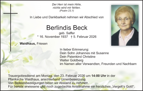Traueranzeige von Berlindis Beck von Landkreis Schwandorf und Vohenstrauß