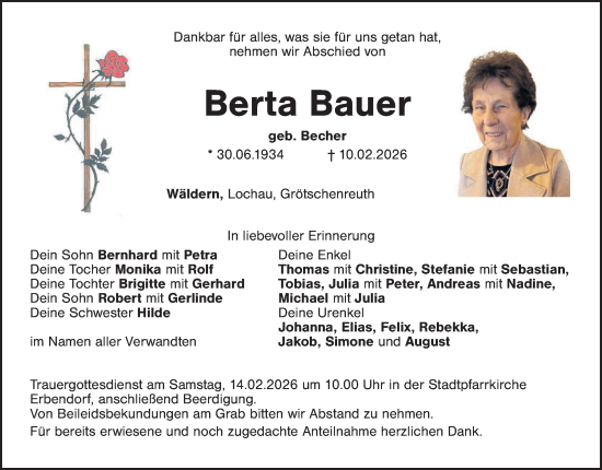Traueranzeige von Berta Bauer von Tirschenreuth + Eschenbach - Kemnath - Erbendorf