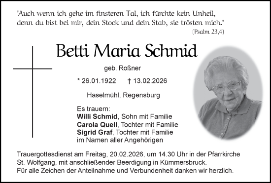 Traueranzeige von Betti Maria Schmid von Hauptausgabe Amberg