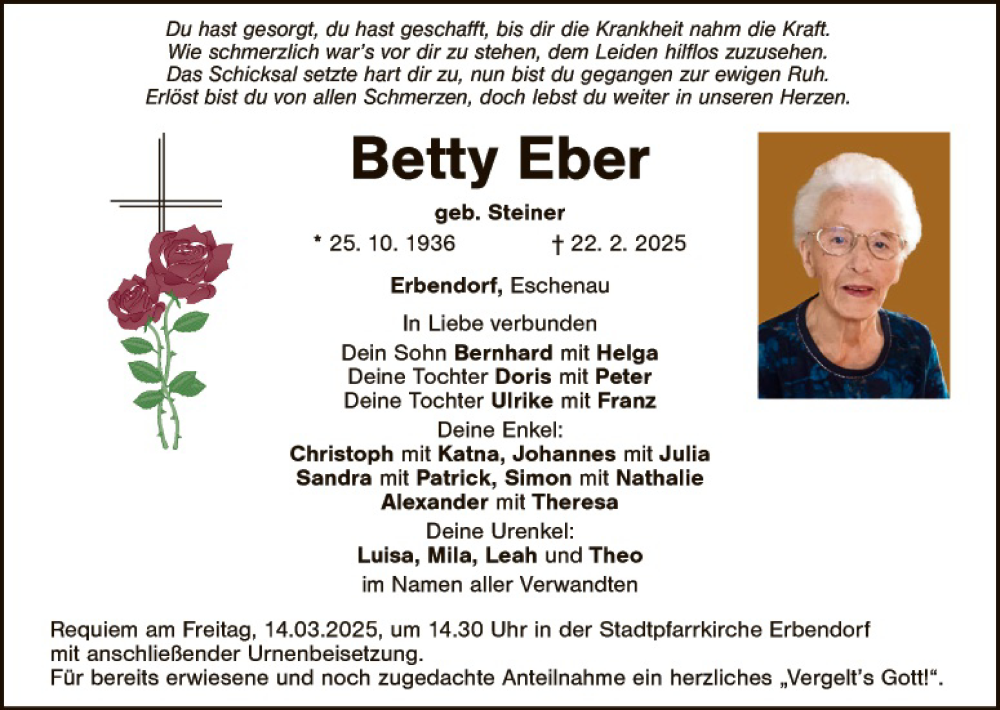  Traueranzeige für Betty Eber vom 08.03.2025 aus Tirschenreuth + Eschenbach - Kemnath - Erbendorf