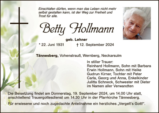 Traueranzeige von Betty Hollmann von Hauptausgabe Weiden