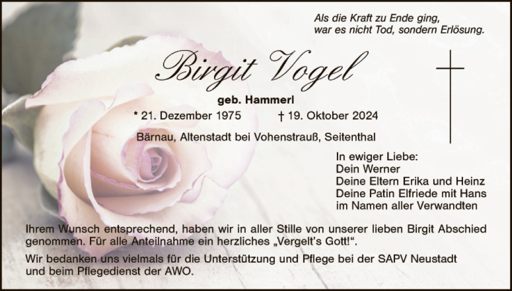  Traueranzeige für Birgit Vogel vom 31.10.2024 aus Hauptausgabe Weiden