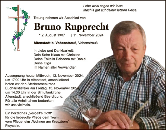 Traueranzeige von Bruno Rupprecht von Landkreis Schwandorf und Vohenstrauß