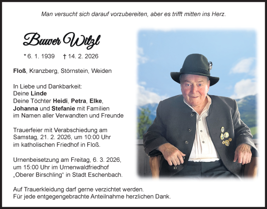 Traueranzeige von Buwer Witzl von Hauptausgabe Weiden