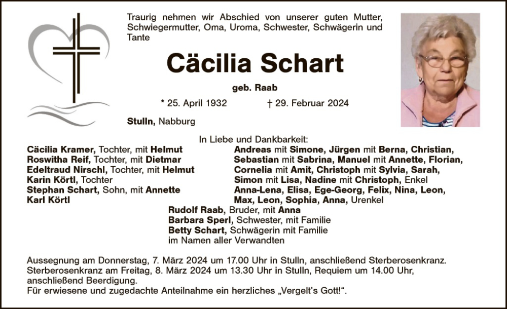  Traueranzeige für Cäcilia Schart vom 06.03.2024 aus Landkreis Schwandorf