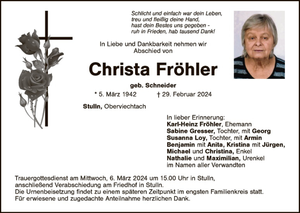  Traueranzeige für Christa Fröhler vom 05.03.2024 aus Landkreis Schwandorf