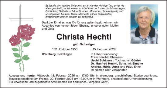 Traueranzeige von Christa Hechtl von Hauptausgabe Weiden