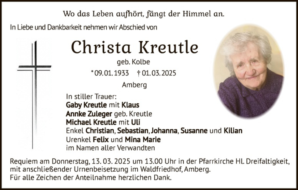  Traueranzeige für Christa Kreutle vom 08.03.2025 aus Hauptausgabe Amberg