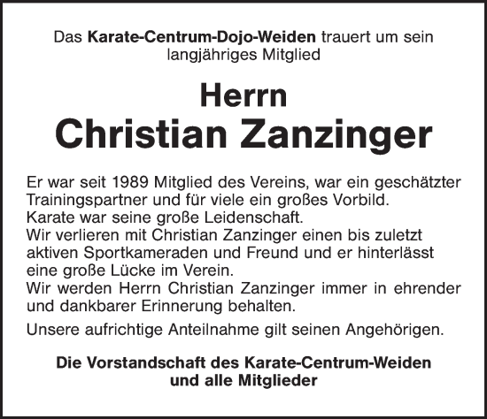 Traueranzeige von Christian Zanzinger von Hauptausgabe Weiden