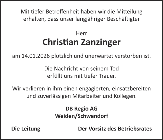 Traueranzeige von Christian Zanzinger von Hauptausgabe Weiden