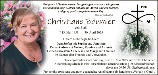 Traueranzeige von Christiane Bäumler von Hauptausgabe Weiden