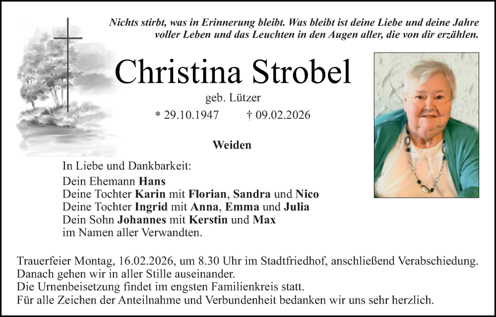  Traueranzeige für Christina Strobel vom 14.02.2026 aus Hauptausgabe Weiden