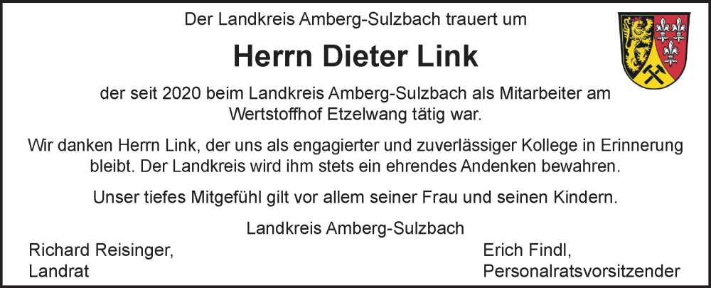  Traueranzeige für Dieter Link vom 05.02.2026 aus Hauptausgabe Amberg