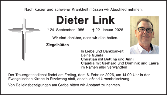 Traueranzeige von Dieter Link von Eschenbach - Kemnath - Erbendorf + Sulzbach - Rosenberger Zeitung