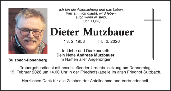 Traueranzeige von Dieter Mutzbauer von Eschenbach - Kemnath - Erbendorf + Sulzbach - Rosenberger Zeitung