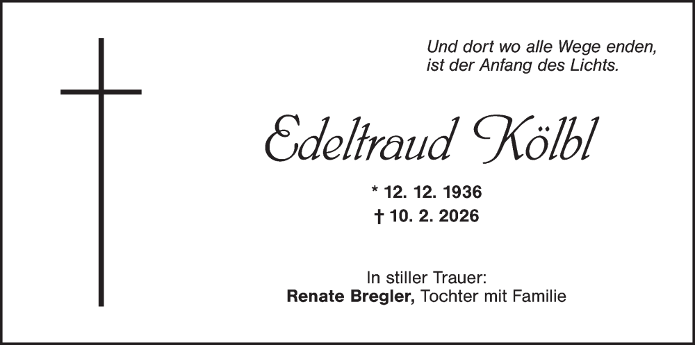  Traueranzeige für Edeltraud Kölbl vom 17.02.2026 aus Landkreis Schwandorf und Vohenstrauß