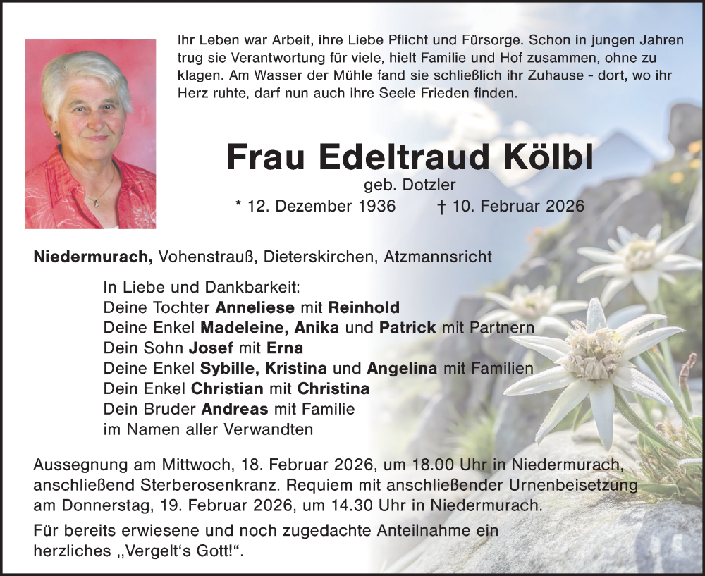  Traueranzeige für Edeltraud Kölbl vom 17.02.2026 aus Landkreis Schwandorf und Vohenstrauß