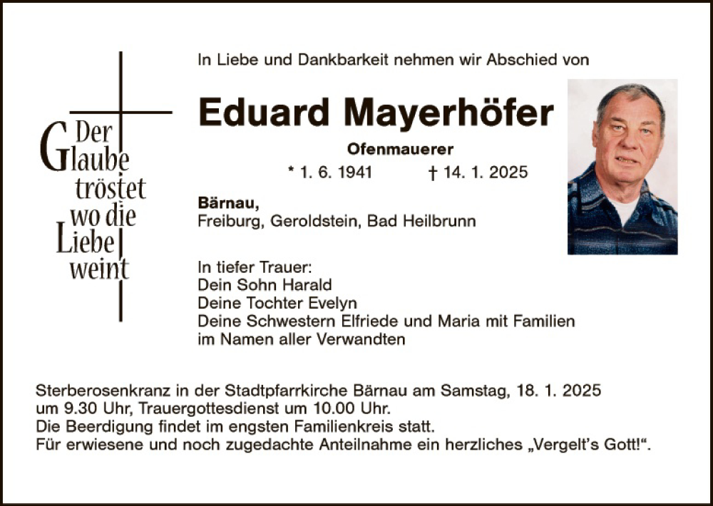  Traueranzeige für Eduard Mayerhöfer vom 16.01.2025 aus Tirschenreuth + Eschenbach - Kemnath - Erbendorf