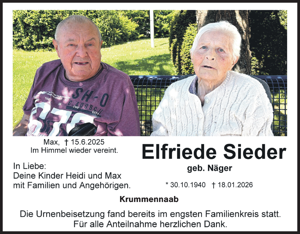  Traueranzeige für Elfriede Sieder vom 21.02.2026 aus Hauptausgabe Weiden