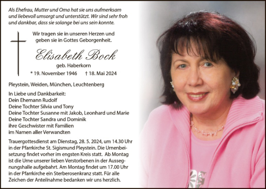 Traueranzeige von Elisabeth Bock von Hauptausgabe Weiden