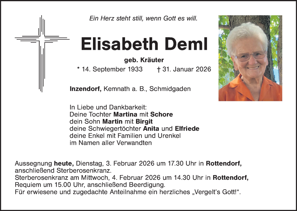  Traueranzeige für Elisabeth Deml vom 03.02.2026 aus Amberger Zeitung / Sulzbach - Rosenberger Zeitung + Landkreis Schwandorf