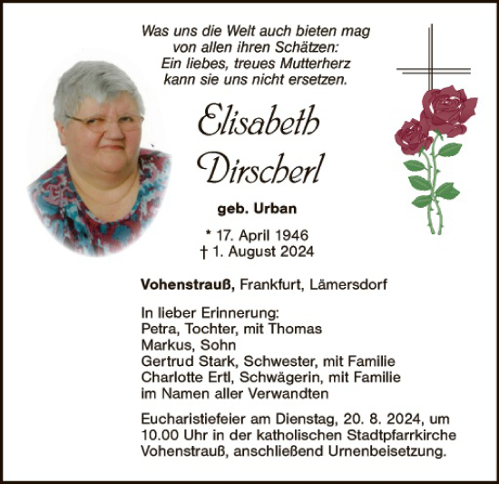 Traueranzeige von Elisabeth Dirscherl von Landkreis Schwandorf und Vohenstrauß