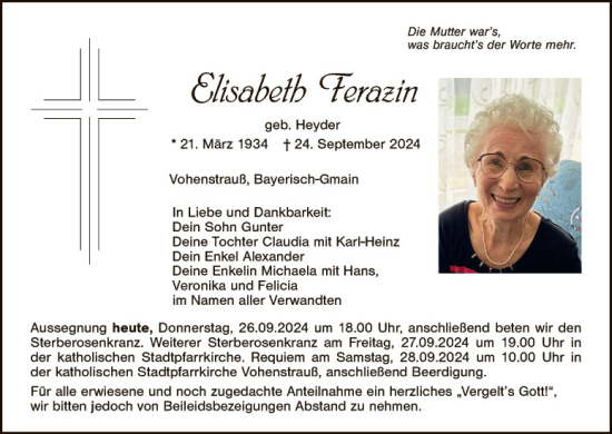 Traueranzeige von Elisabeth Ferazin von Landkreis Schwandorf und Vohenstrauß