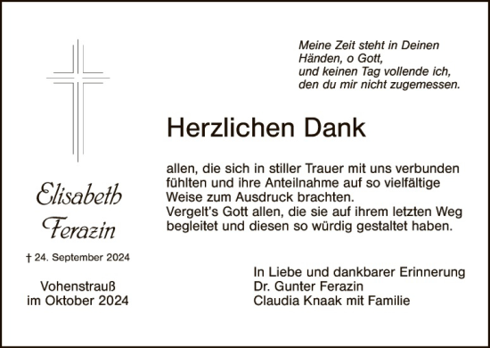 Traueranzeige von Elisabeth Ferazin von Landkreis Schwandorf und Vohenstrauß