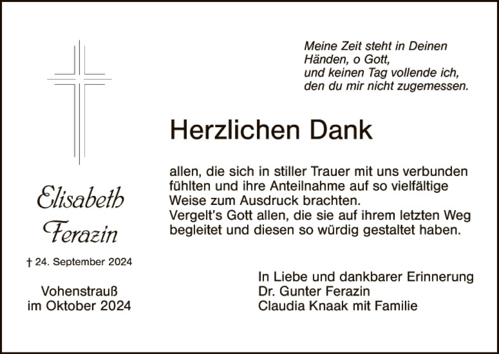  Traueranzeige für Elisabeth Ferazin vom 12.10.2024 aus Landkreis Schwandorf und Vohenstrauß