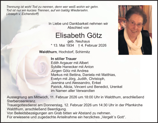 Traueranzeige von Elisabeth Götz von Hauptausgabe Weiden