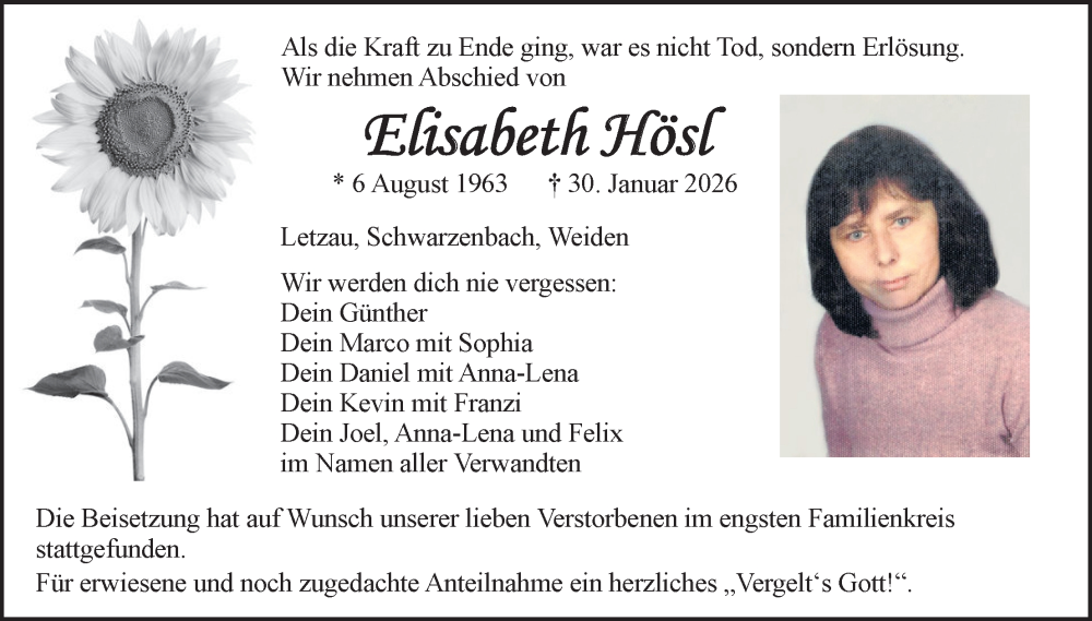  Traueranzeige für Elisabeth Hösl vom 21.02.2026 aus Hauptausgabe Weiden