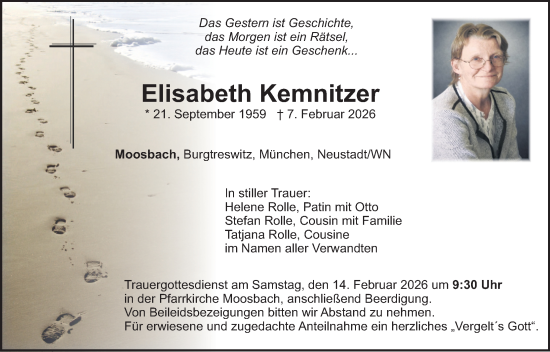 Traueranzeige von Elisabeth Kemnitzer von Landkreis Schwandorf und Vohenstrauß