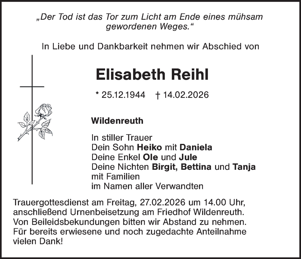  Traueranzeige für Elisabeth Reihl vom 25.02.2026 aus Hauptausgabe Weiden
