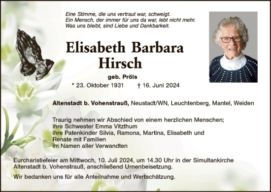 Traueranzeige von Elisabeth Barbara Hirsch von Hauptausgabe Weiden