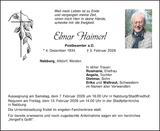 Traueranzeige von Elmar Haimerl von Hauptausgabe Weiden