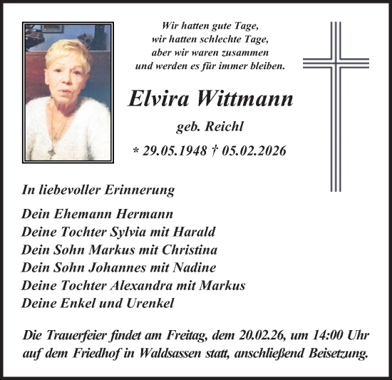 Traueranzeige von Elvira Wittmann von Tirschenreuth + Eschenbach - Kemnath - Erbendorf
